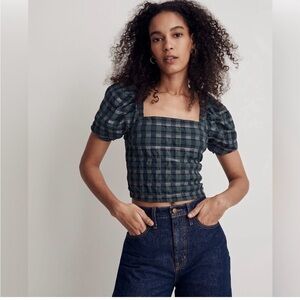 NWT Madewell Hopewell Puff Sleeve Crop Top Green Blue Plaid Short Sleeve…